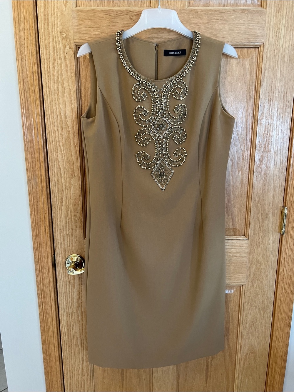 Ellen Tracy Sleeveless Golden Beaded Sheath Dress in Camel Color